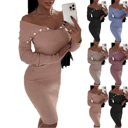 Women's Sexy Off Shoulder Backless Long Sleeve Ribbed Knitted Dress Party Dress Office Lady Elegant Slit Bodycon Skirt